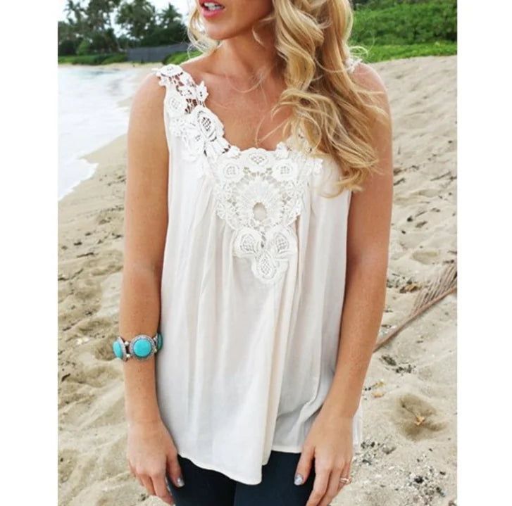 White Chiffon Top with Lace Trim Spaghetti Straps