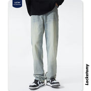 LKTM Men's Yellow Retro Loose Straight Wide-leg Jeans