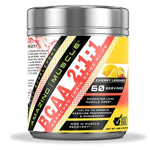Amazing Muscle BCAA 2:1:1 Branched Chain Amino Acids Supplement | 6000 Mg Per Serving | 60 Servings | Cherry Lemonade Flavor