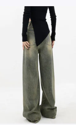 American Retro Distressed Straight-leg Wide-leg Jeans