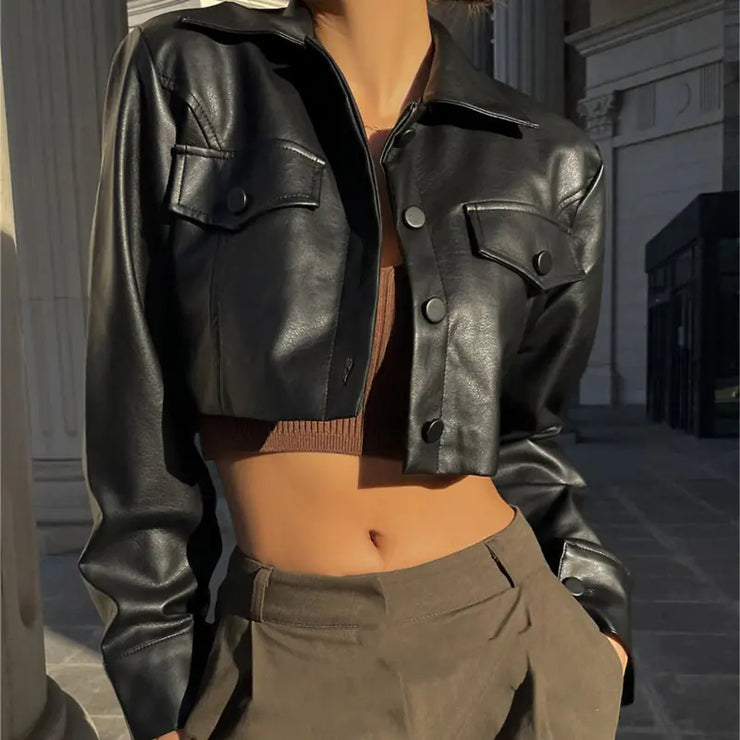 Thick Shoulder Cropped Leather Jacket for Women