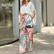 V-Neck Printed Wide Leg Pants Set
