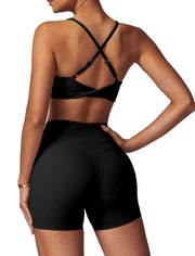 QBGJTD Womens Workout Sets U Neck Seamless Twist Cross Back Sports Bras Matching High Waist Slim Booty Lifting Biker Shorts 2 Piece Gym Yoga Active Wear Outfits Athletic Work Out Clothes Black S