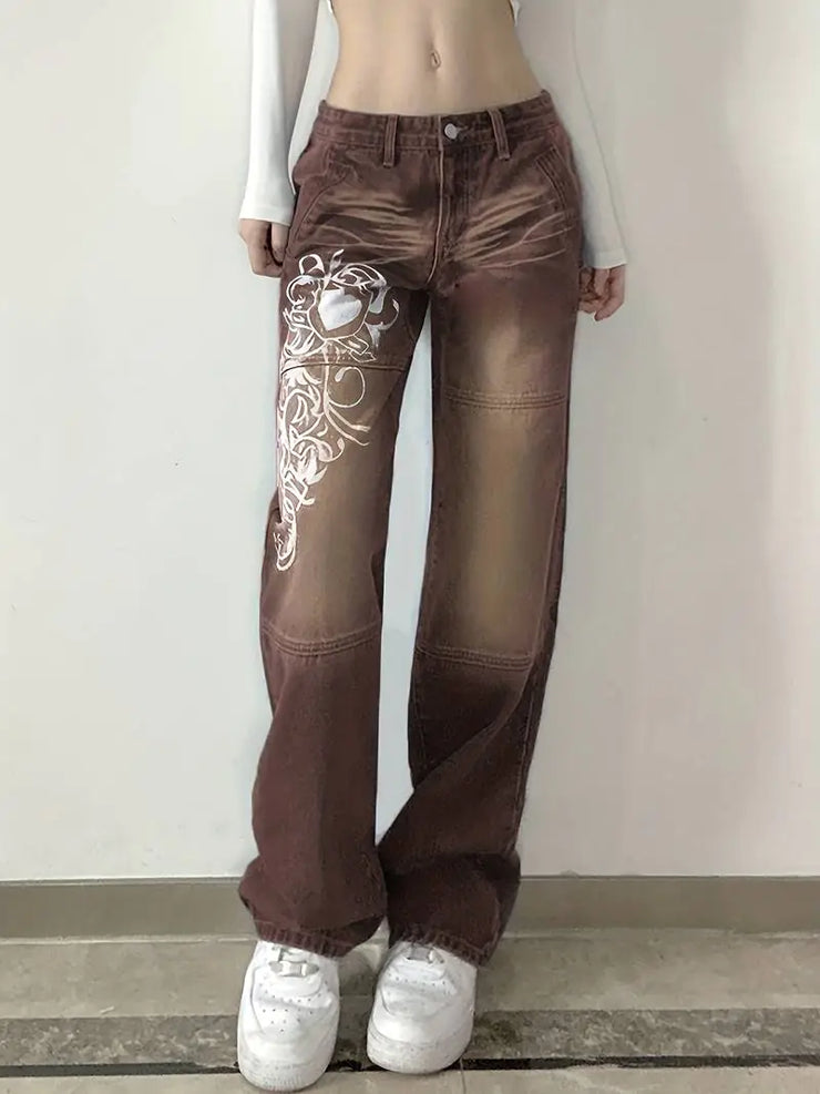 White Floral Print High Waist Baggy Fit Jeans for Women