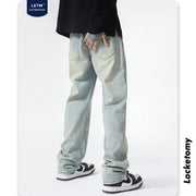 LKTM Men's Yellow Retro Loose Straight Wide-leg Jeans