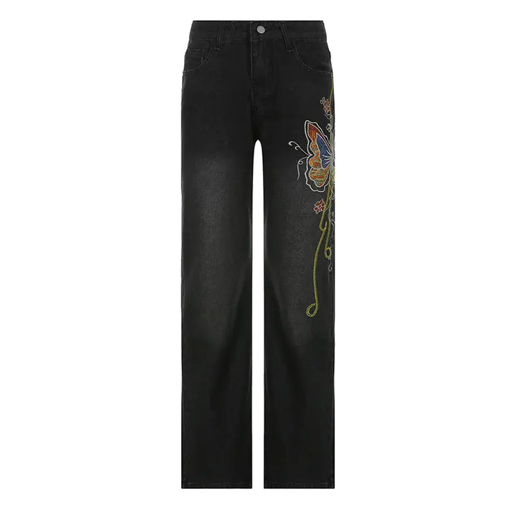 Fashionable Retro Butterfly Embroidered Low-rise Jeans