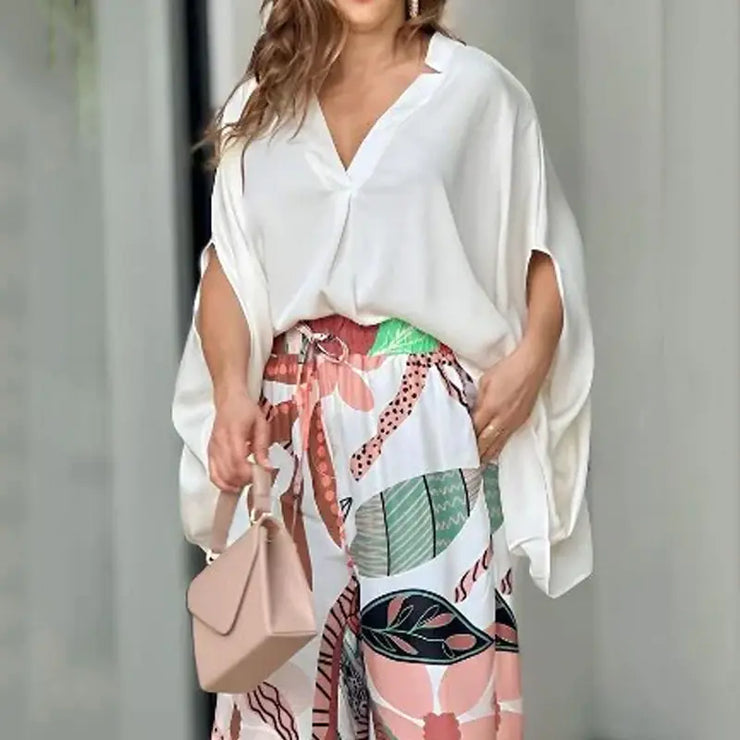 V-Neck Printed Wide Leg Pants Set