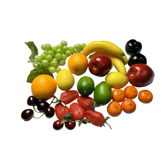 27pcs Fake Mixture Fruits for Home Decor Artificial Fruit Decorations Faux Artificial Lemon Grapes Banana Orange Red Apple Black Plum Fake Strawberry Plastics Cherry