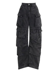 Retro High Waist Baggy Cargo Denim Pants for Women