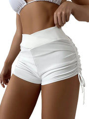 SherryDC Women High Waisted Swim Shorts V Cut Bikini Swimsuit Bottoms Drawstring Ruched Bathing Suit Board Shorts White