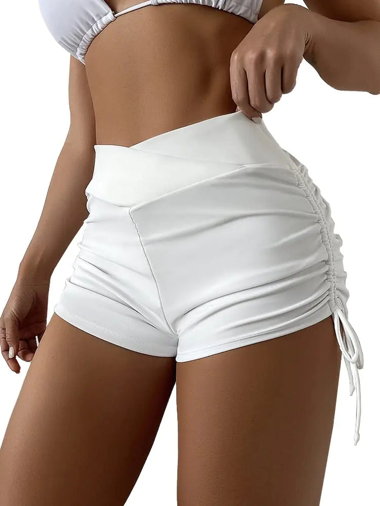 SherryDC Women High Waisted Swim Shorts V Cut Bikini Swimsuit Bottoms Drawstring Ruched Bathing Suit Board Shorts White