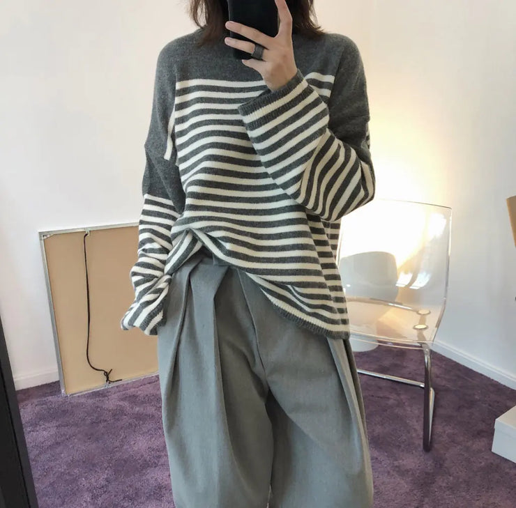 Chic Striped Knit Sweater for Women - Loose Fit