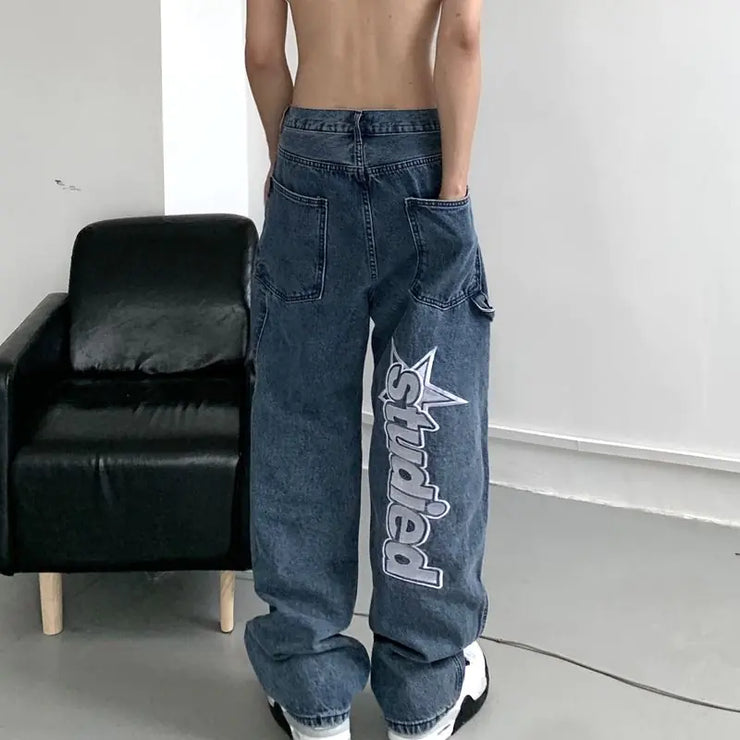 Retro Hip-Hop Embroidered Y2K Wide Leg Jeans for Couples