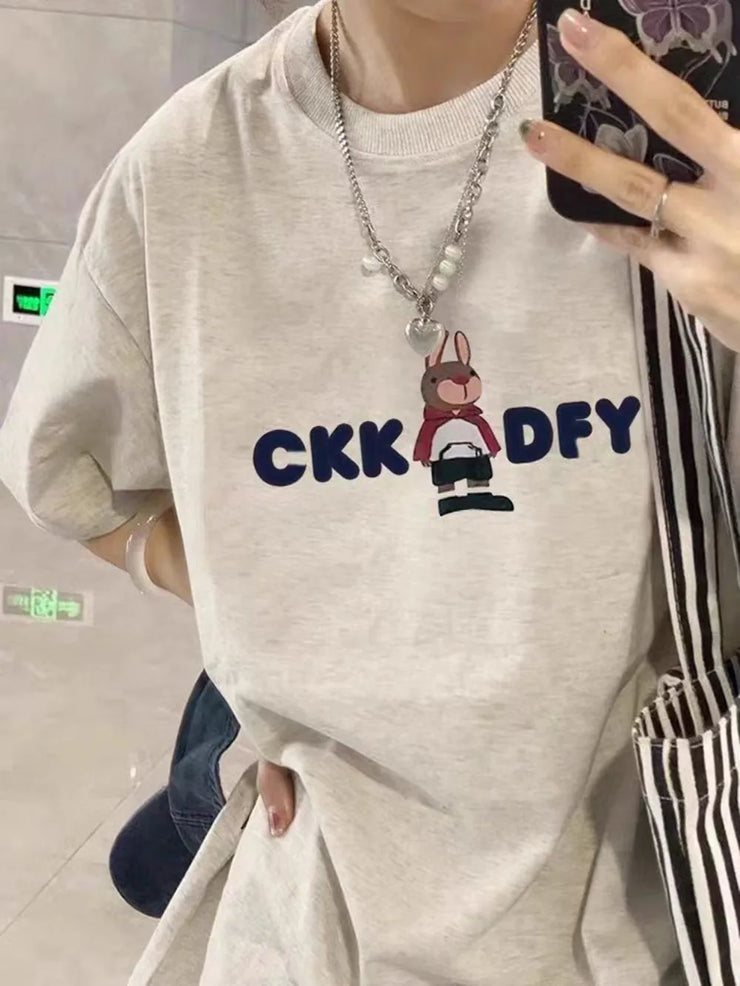 Cotton Loose Summer T-Shirt with Cartoon Print for Women