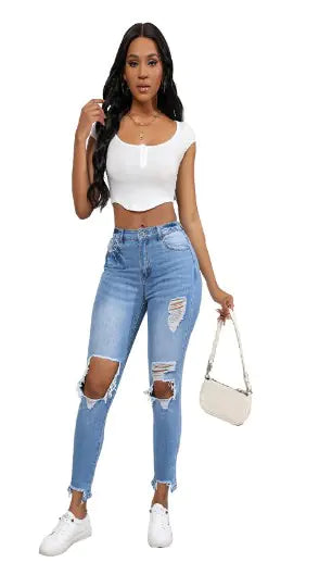 Stylish Ripped Embroidered High Stretch Jeans