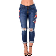 Stylish Ripped Embroidered High Stretch Jeans