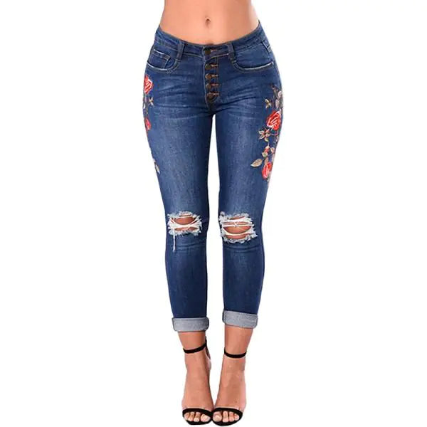 Stylish Ripped Embroidered High Stretch Jeans