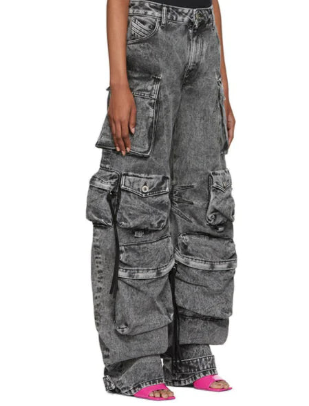 Retro High Waist Baggy Cargo Denim Pants for Women