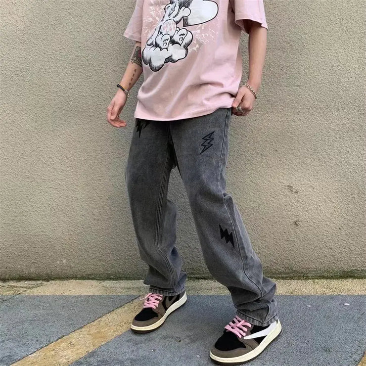 Lightning Embroidered Distressed Straight Jeans for Men