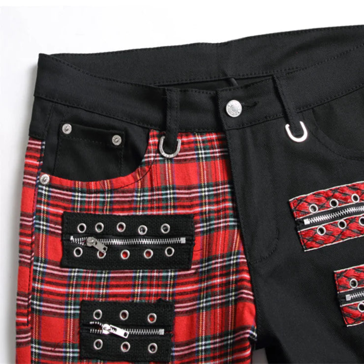 Red Plaid Punk Zipper Jeans with Gothic Hip-Hop Style