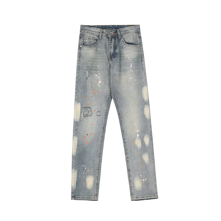 Distressed Straight-Leg Jeans with Ink Wash Design