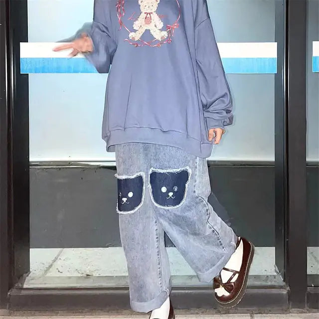 2023 Cute Hip Hop Bear High Waist Denim Baggy Pants