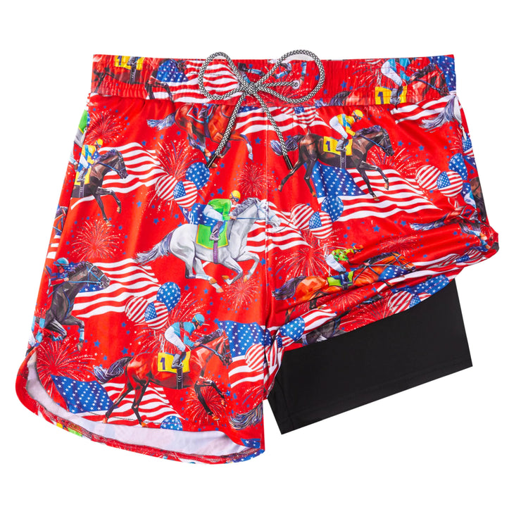 Mens Swim Trunks with Compression Liner Mens Bathing Suit Mens Swimming Trunks 5.5 inch inseam USA Flag Horse Racing Board Shorts Swimwear 4 Way Stretch Beach Shorts Quick Dry with Zipper Pockets