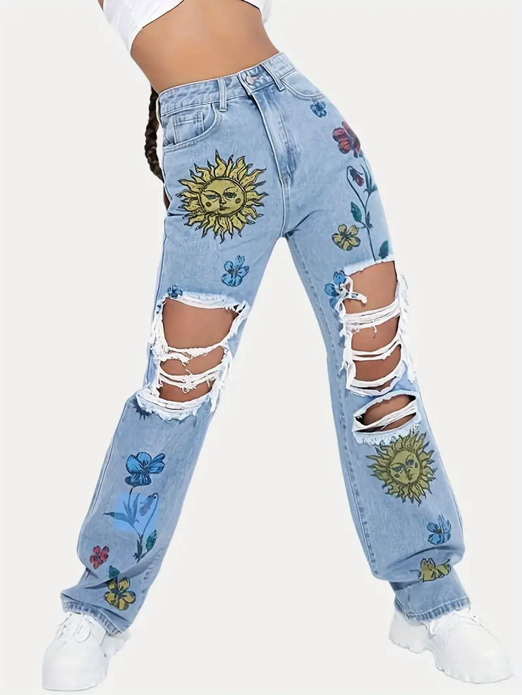 Floral Print Ripped Denim Jeans - Loose Fit High Waist