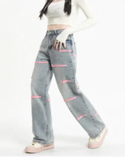 Embroidered European Letter Straight Jeans Design