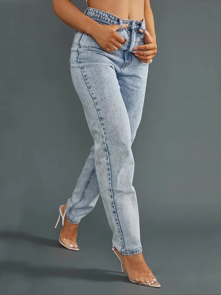 Casual Acid Washed Wide Leg Mom Jeans for Women