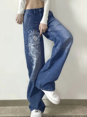 White Floral Print High Waist Baggy Fit Jeans for Women