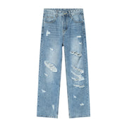 Men's Washed Blue Straight Jeans with Holes