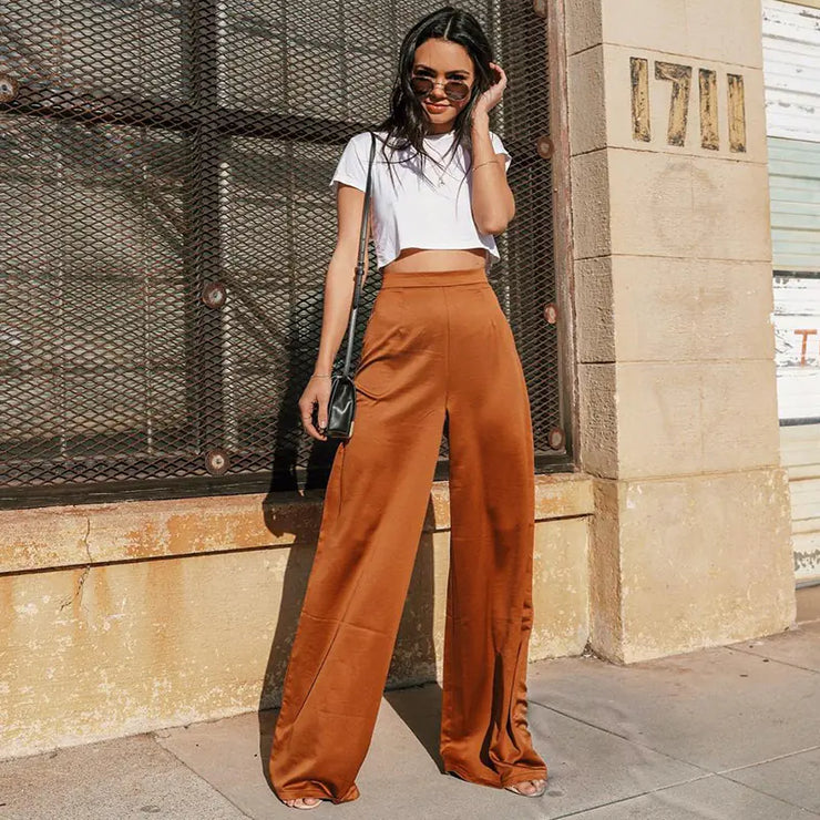 High-Waisted Casual Wide-Leg Pants in Camel Color