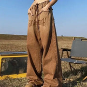 American Retro Loose Wide-Leg Frayed Jeans