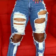 Women's Blue High Waist Ripped Straight Jeans