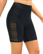 Holipick Women Black 7" Swim Shorts High Waisted Boy Shorts Swimsuits Tummy Control Bathing Suit Shorts Lace Swim Bottoms L