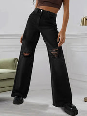 Women's Black High Rise Ripped Straight Leg Jeans